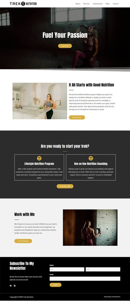 Fitness-focused nutrition brand website homepage.