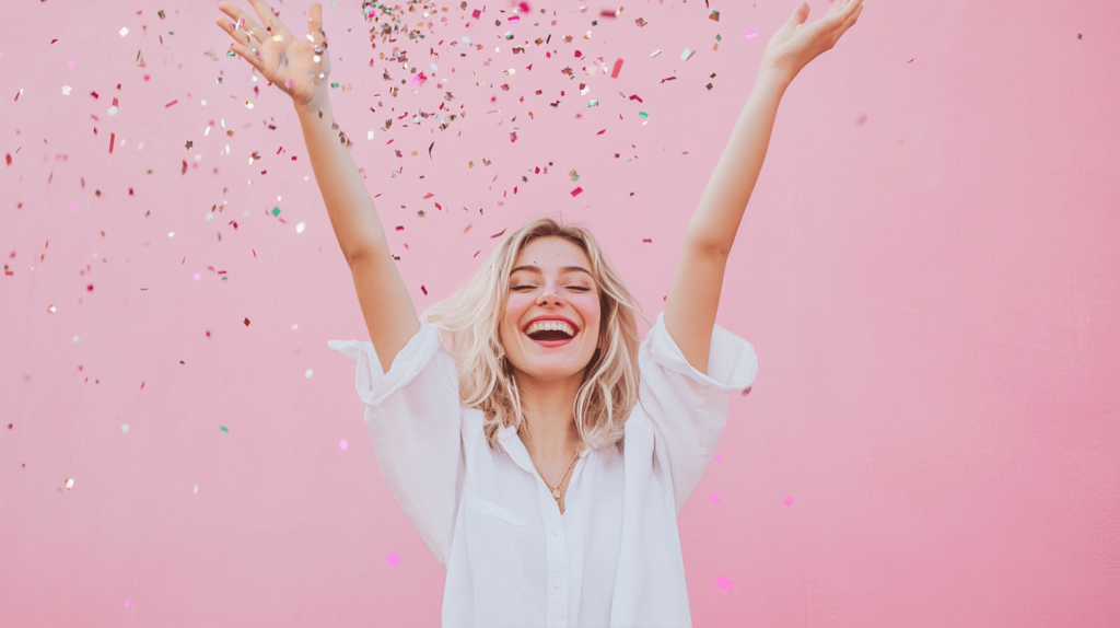 Happy person celebrating with confetti.