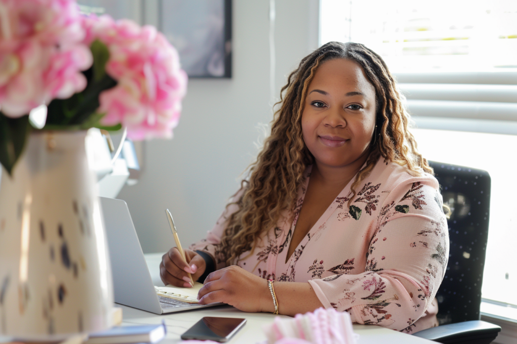 Woman working at desk with laptop and flowers.