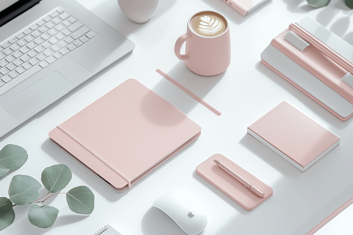 Pink minimalist workspace with laptop and coffee