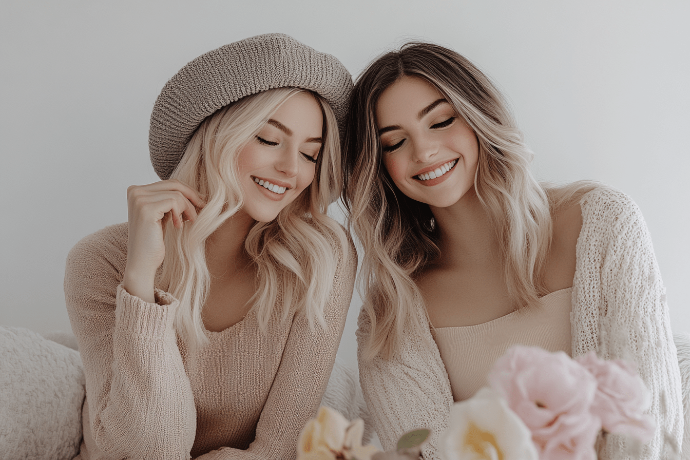 Two women smiling, sitting together indoors.
