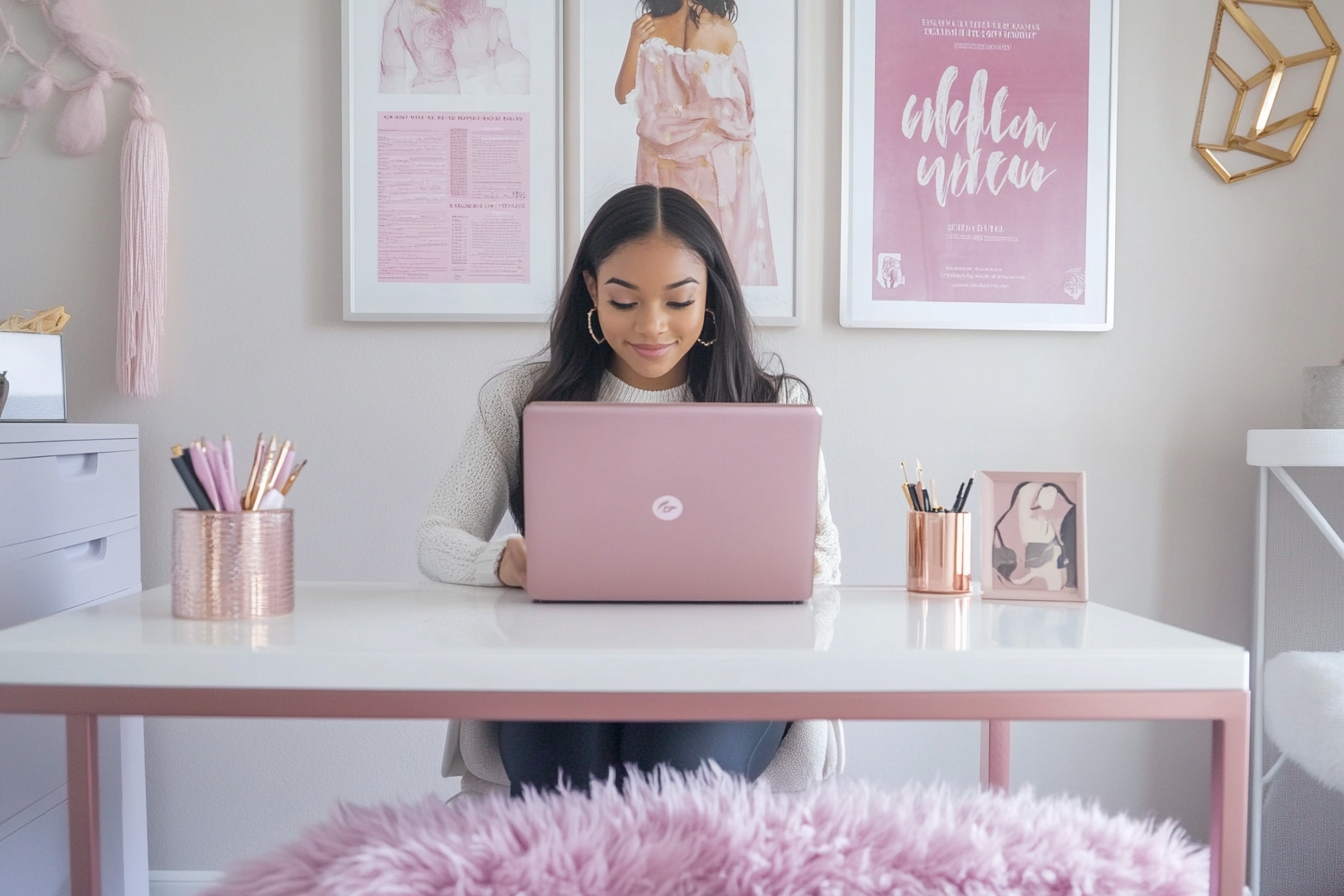 Woman working on pink laptop at desk