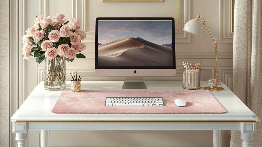 Elegant desk with computer, roses, and stylish lamp