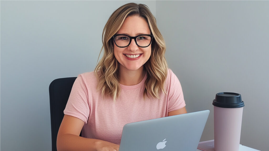 Smiling woman using laptop with coffee cup for stephanie pleasants web design