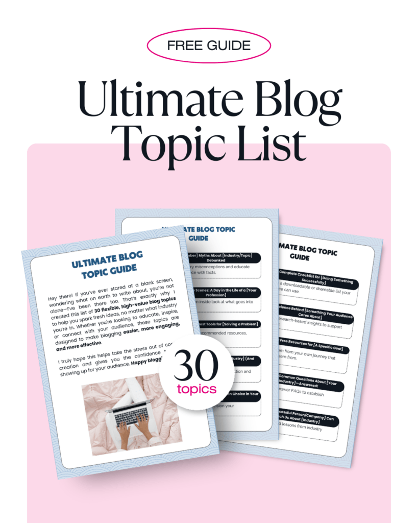 Promotional flyer for a free Ultimate Blog Topic Guide