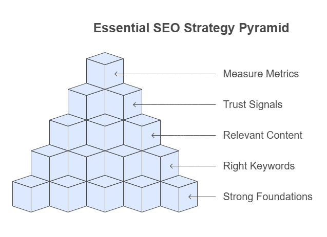 Pyramid diagram of Essential SEO Strategy components