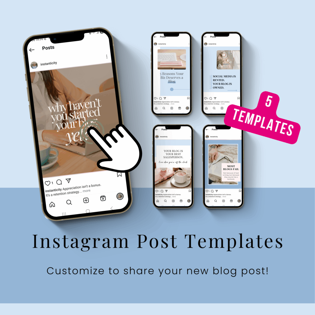 Instagram templates for blog promotion, five designs displayed.