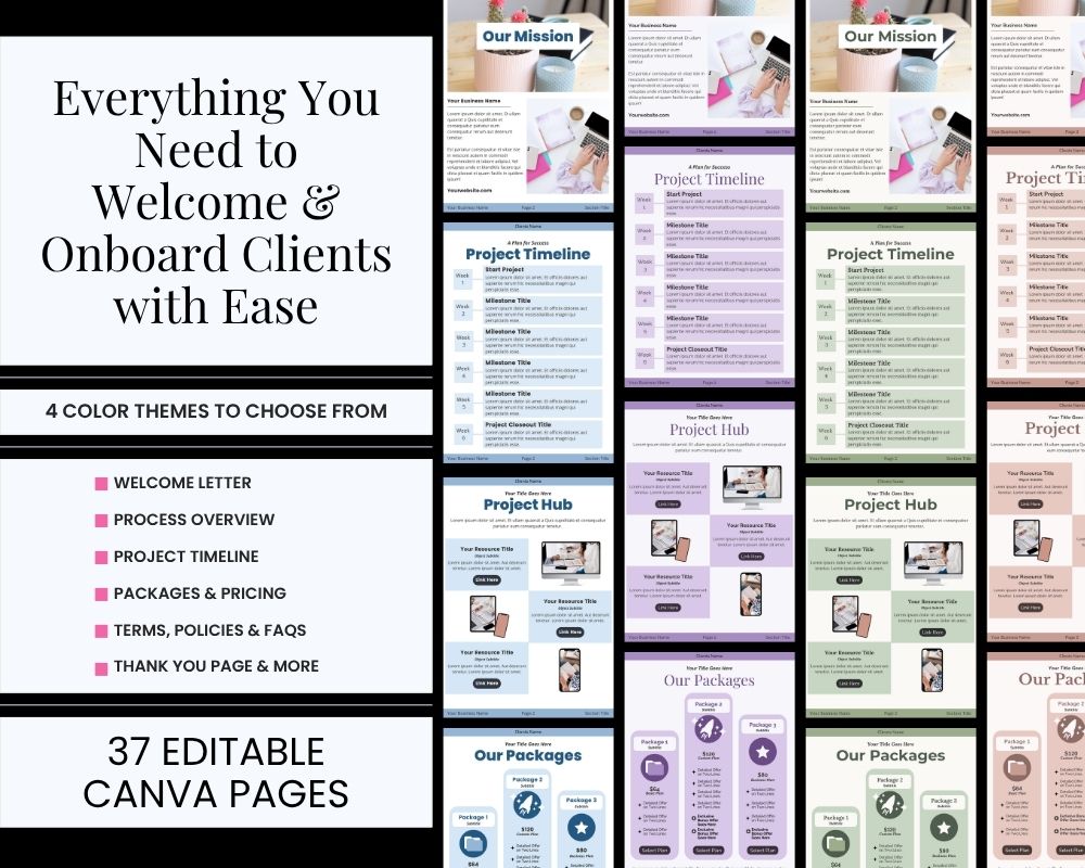 Editable Canva client onboarding templates, four color themes.