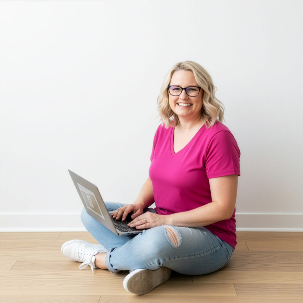 Smiling person with laptop sitting on floor.