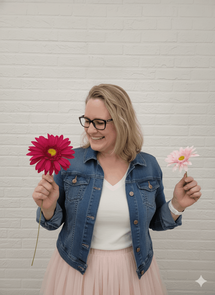 Smiling woman holding pink flowers